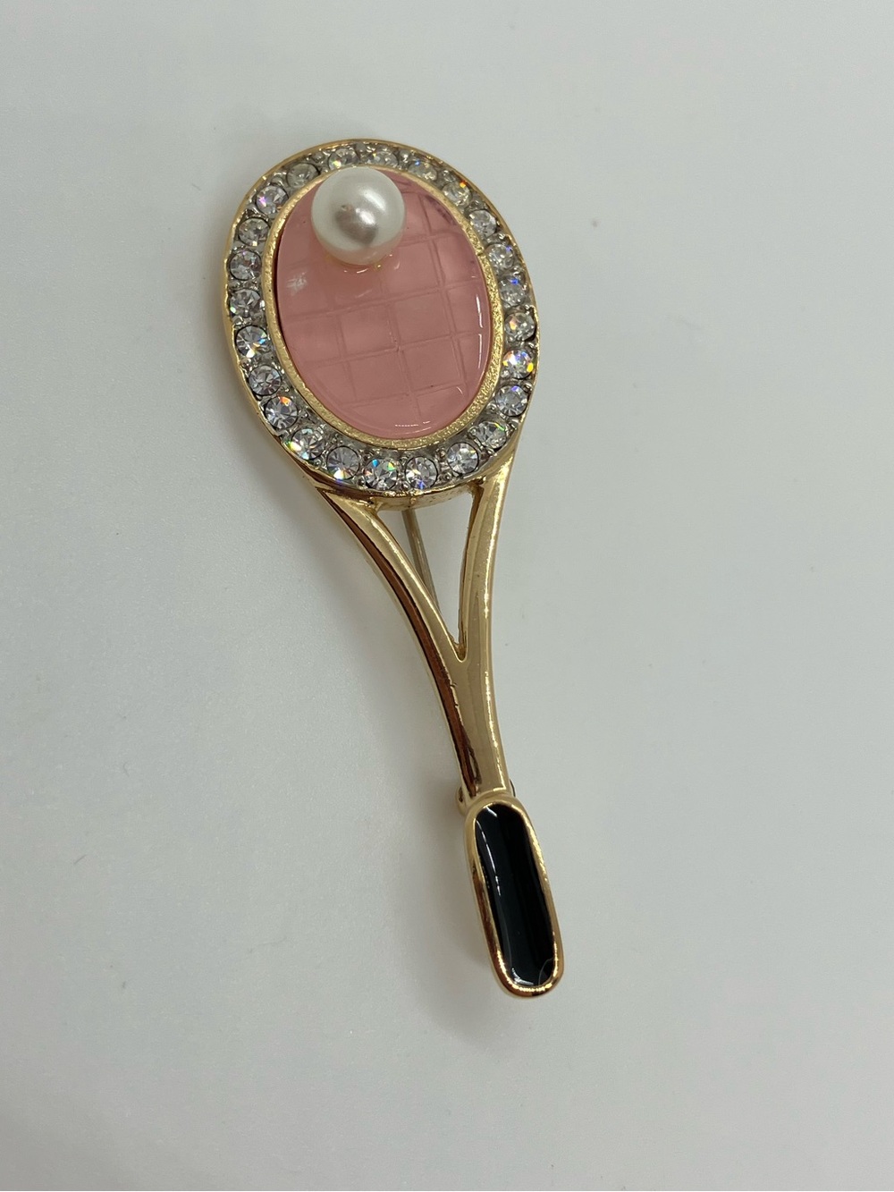 Vtg Butler Gold Tone Pink Tennis Racket & Faux Pearl Brooch Pin Rhinestone